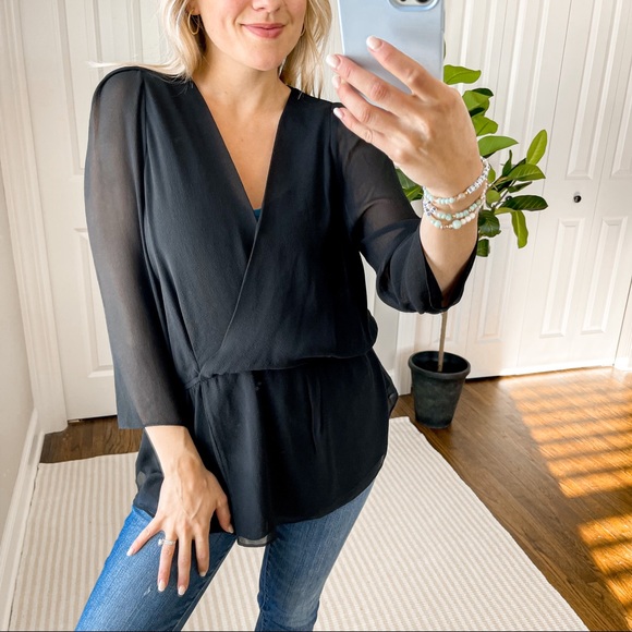 Aritzia Babaton 100% Silk Faux Wrap Long Sleeve Blouse Black L - Picture 2 of 6